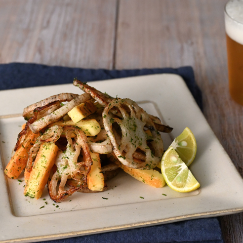 グリルチーズとれんこんの青のり炒め